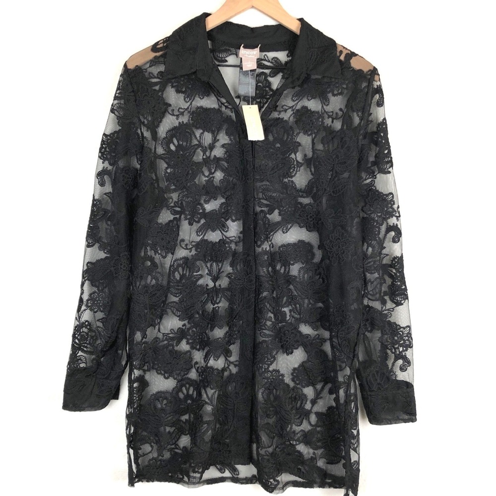 NWT CHICO'S Travelers Lace Detail Sheer Shacket Sz 1 M Black Button Shirt Jacket